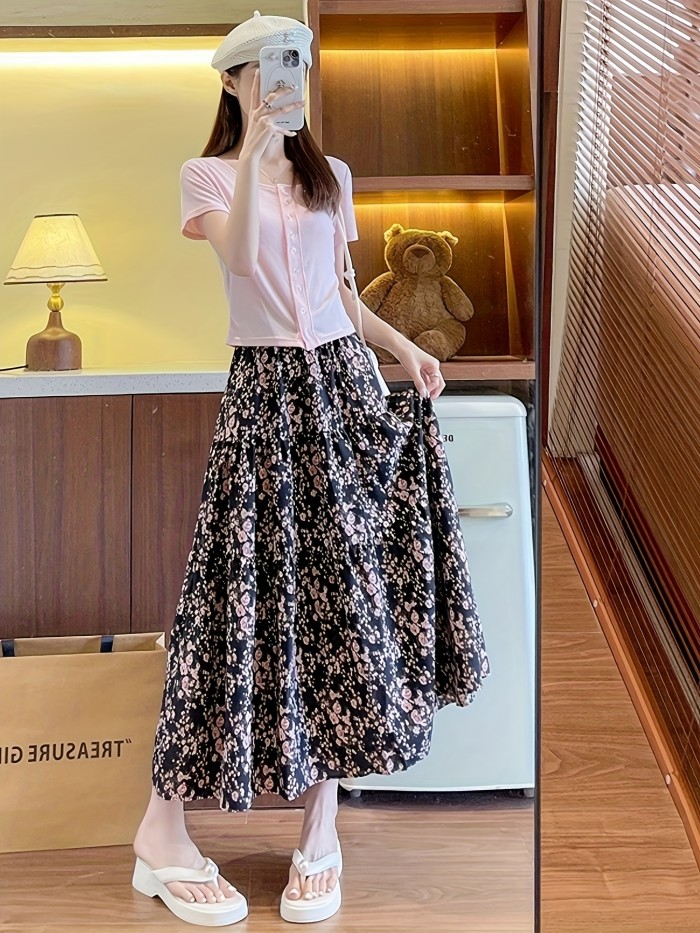 XC119 Elegant Black Floral A-Line Midi Skirt - High-Waisted, Waist-Cinching Design with Vibrant Pink & White Flowers, Perfect for Spring & Fall, Allseason Skirt|Floral Print Skirt|Flared Hem Skirt