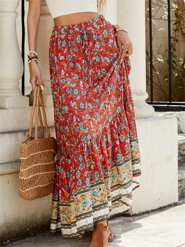 Women'S Fashion Long Skirts Floral Print Elastic Waist Skirts Summer Fashion Beach Holiday Casual Skirts