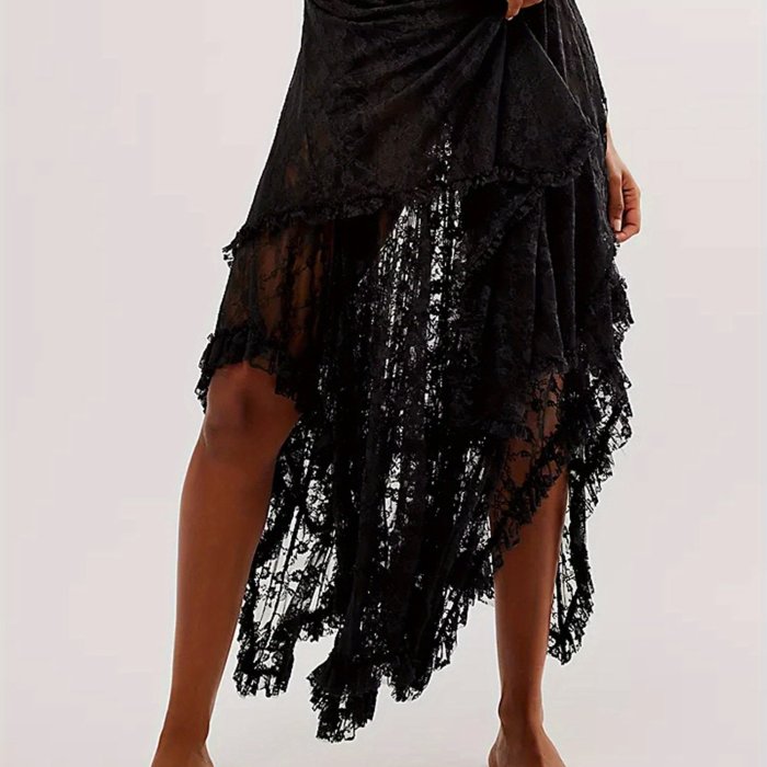 Women's Lace Midi Skirt with Elastic High Waist - Semi-Sheer Irregular Hem Lightweight Summer Casual Skirt, Machine Washable Young Fashion Style