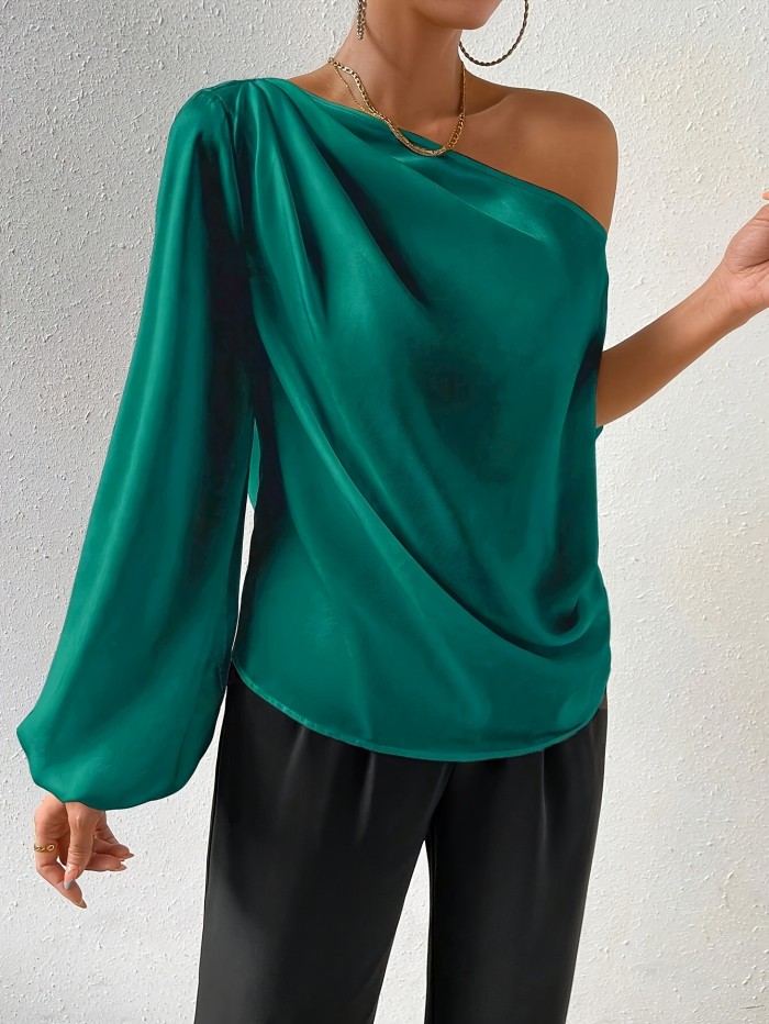 Elegant One-Shoulder Satin Blouse for Women - Green, Lantern Sleeves, Draped Design, Non-Sheer, Machine Washable, Perfect for Spring\u002FSummer Fashion