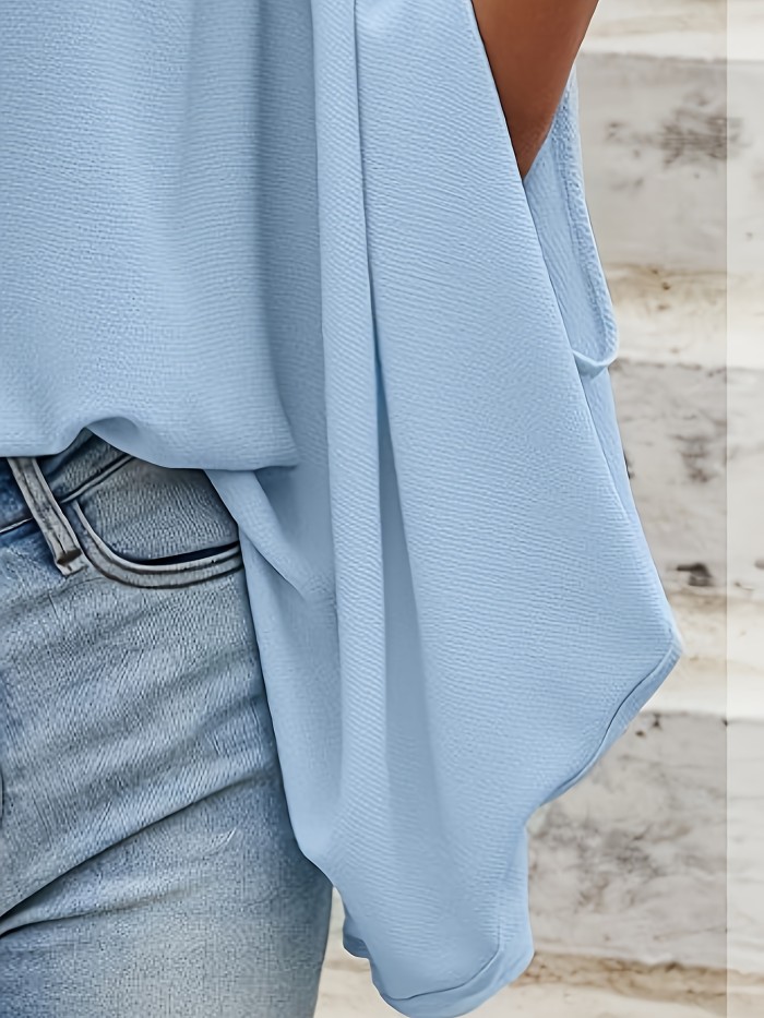 Elegant Women's Shawl Top Light Blue Batwing Sleeve Blouse - Chic Round Neck, Tie-Detail, Solid Color Shawl Top, 100% Polyester, Machine Washable