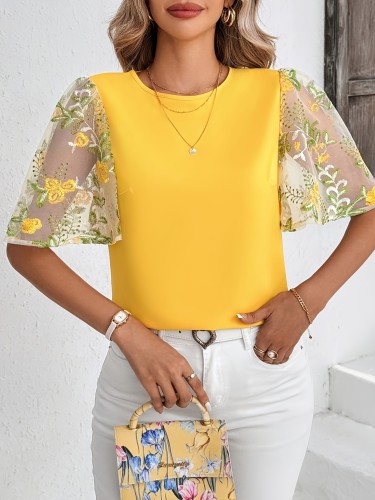 Elegant Women's Yellow Embroidered Ruffle Sleeve Blouse - Floral Mesh Overlay, Round Neck, Short Sleeve, Polyester, Spring\u002FSummer Fashion Top, Occasion Fashion Blouse | Semiformal Attire | Glossy Polyester, Floral Print Blouse