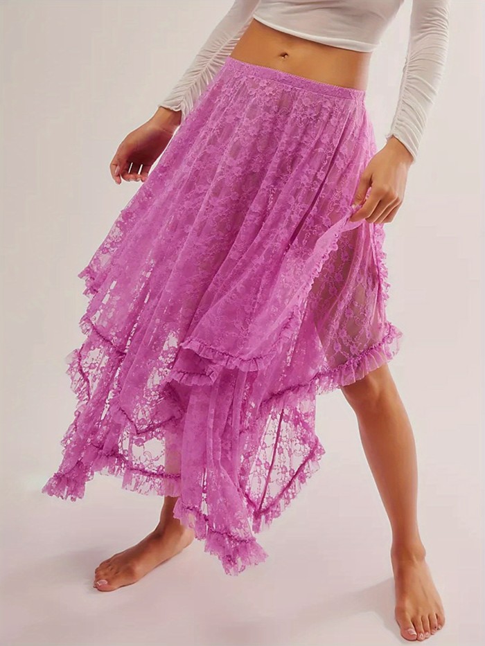 Women's Lace Midi Skirt with Elastic High Waist - Semi-Sheer Irregular Hem Lightweight Summer Casual Skirt, Machine Washable Young Fashion Style