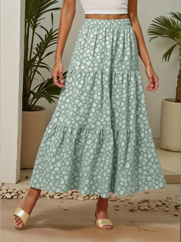 1pc, Summer Women'S High Waist Flower Print Ruffled Long Skirt, Light And Charming Women'S Skirt, Suitable For Dating, Picnics And Summer Leisure Time, Women'S Clothing