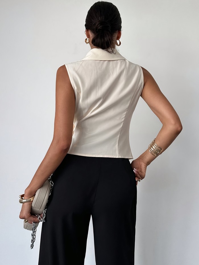 Women'S Elegant Simple Lapel Tops Polyester Woven Solid Color Belt Backless Vest for Spring, Summer, Daily Wear