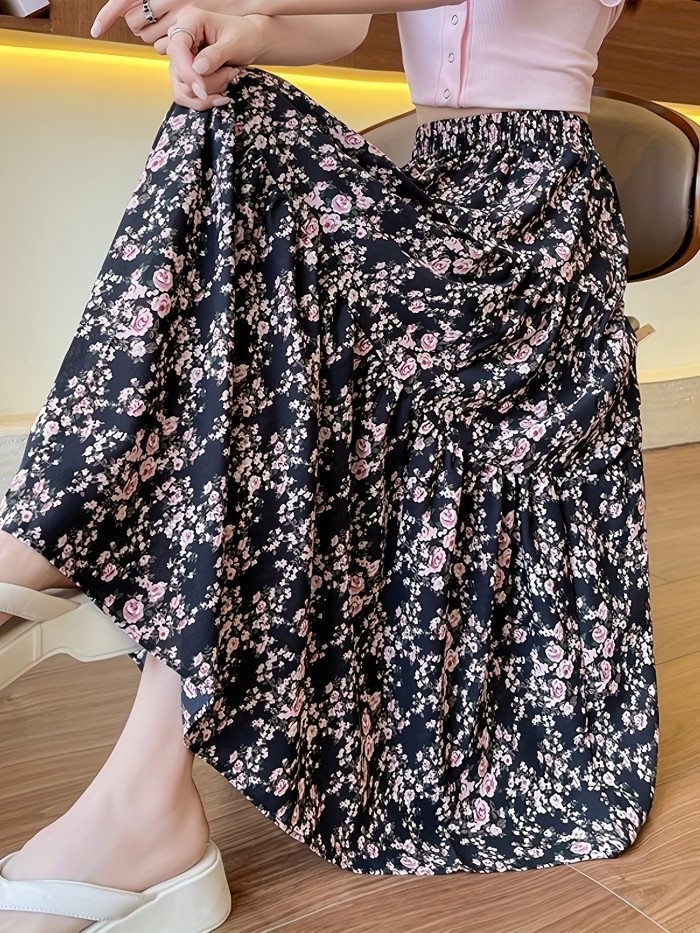 XC119 Elegant Black Floral A-Line Midi Skirt - High-Waisted, Waist-Cinching Design with Vibrant Pink & White Flowers, Perfect for Spring & Fall, Allseason Skirt|Floral Print Skirt|Flared Hem Skirt