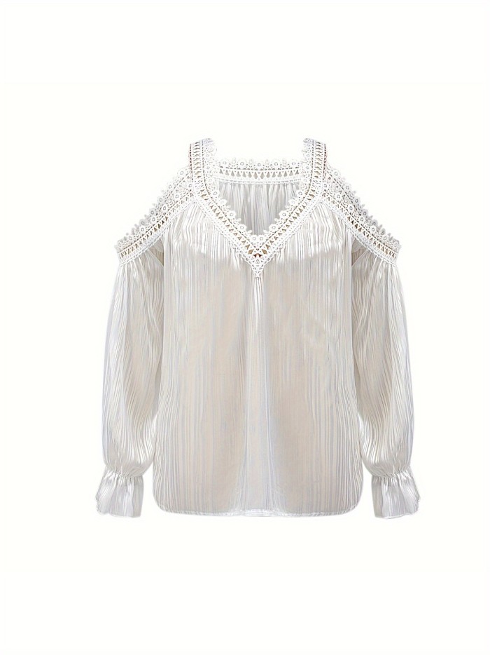 1pc Fashion Lace Splicing Flower Shirt, Spring and Summer Casual Loose Long-Sleeve Top, Polyester Knit Fabric, Off-Shoulder Design, Machine Washable, Adult Women's Lightweight Blouse