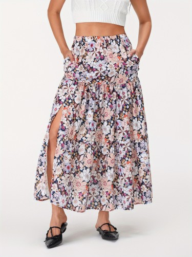 Elegant High-Waist Floral Maxi Skirt for Women - Flowy Slit Design, Vibrant Pink & Blue Floral Pattern, Perfect for Casual or Summer Outfits, Everyday Stylish Wear | Comfortable Fabric