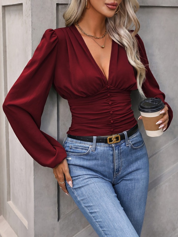 1pc Women's V-Neck Long Sleeve Top, 100% Polyester Solid Color Woven Blouse - Comfortable, Regular Length for Spring\u002FFall Adult Fashion
