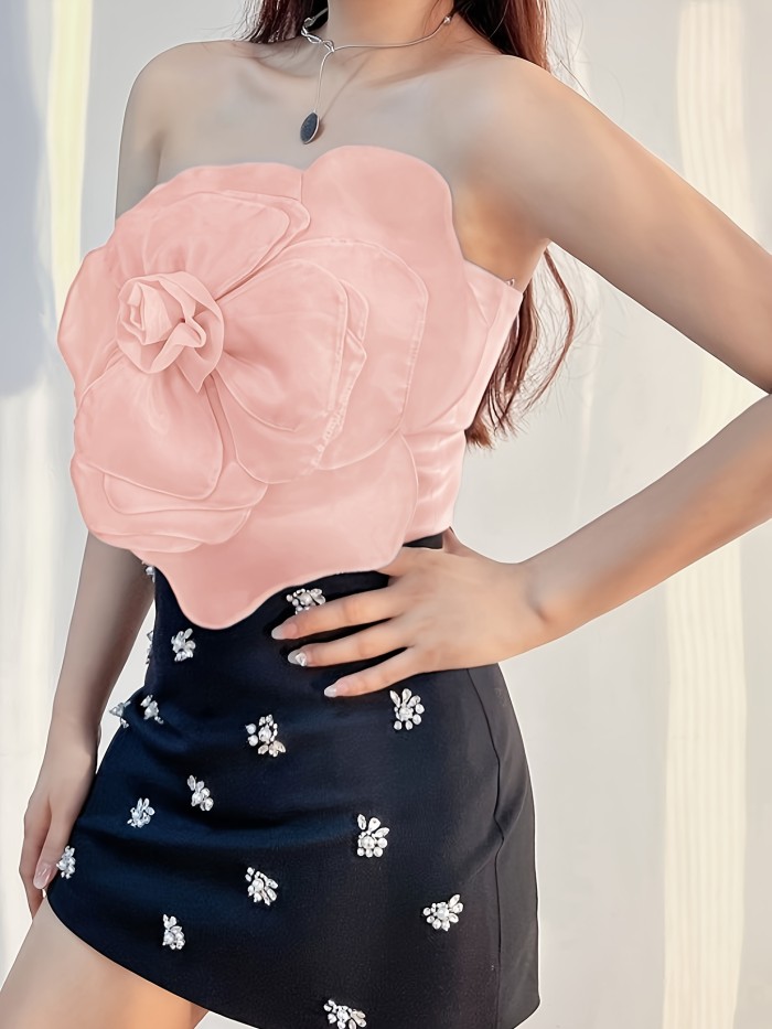 Women's Elegant Pink Ruffled Strapless Top with Floral Embellishments - Stretchy Polyester Blend, Machine Washable, Perfect for Evening Outfits and Special Occasions