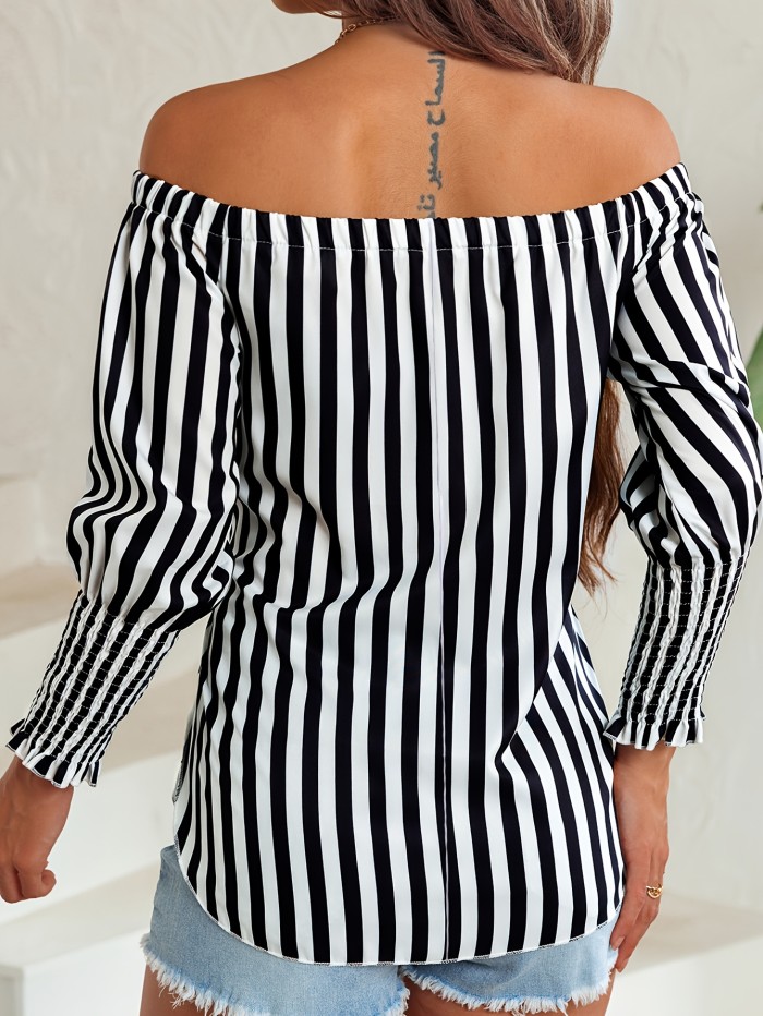 Elegant Off Shoulder Blouse - Striped Print Tie Front - Women's Clothing for Spring & Fall