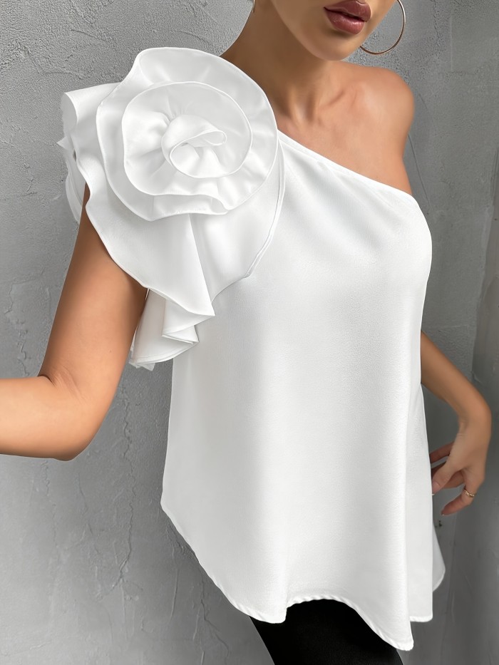 Elegant Asymmetrical Ruffle Blouse for Women - Chic Solid Color, Loose Fit, Woven Fabric with Unique Shoulder Design