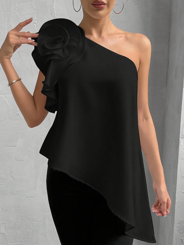 Elegant Asymmetrical Ruffle Blouse for Women - Chic Solid Color, Loose Fit, Woven Fabric with Unique Shoulder Design