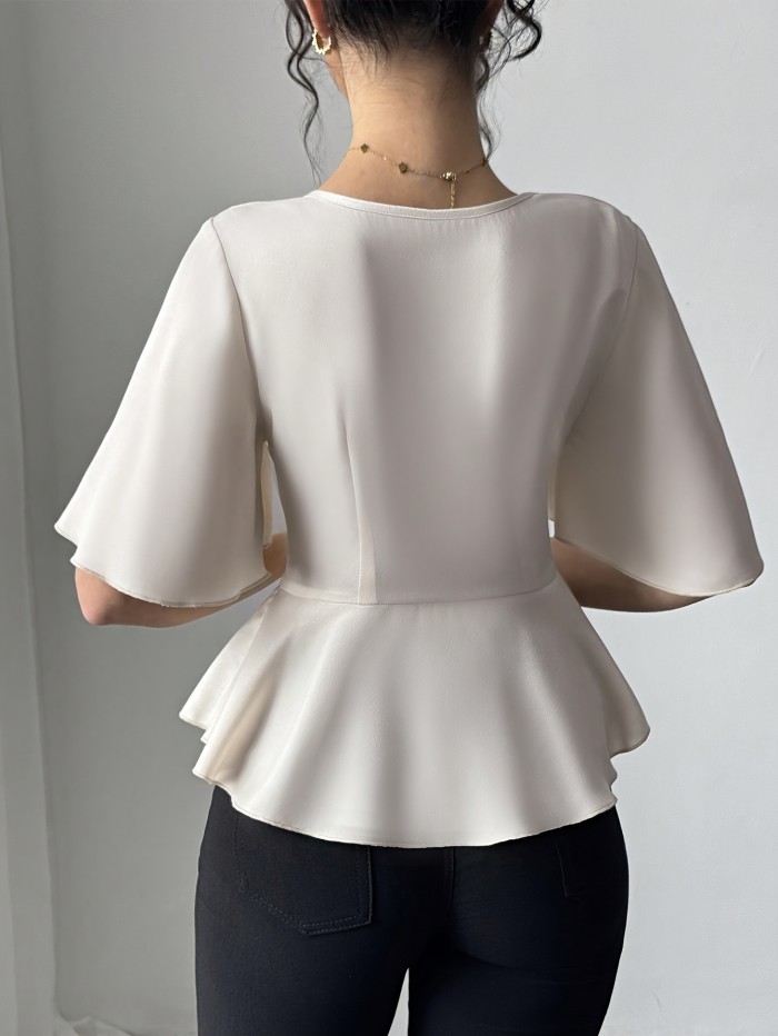 Women'S Elegant Ruffle Sleeve Blouse - Soft Polyester, V-Neck, Short Sleeve, Casual Wear for Spring and Summer, Casual Wear Blouse | Ruffle Sleeve Top | Polyester Fabric