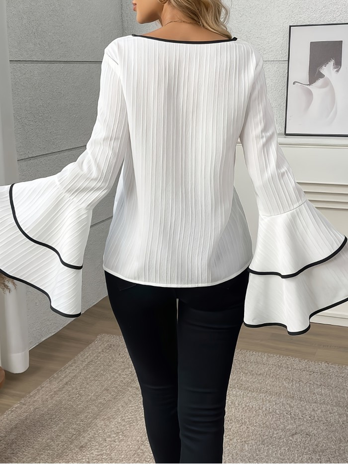 Chic Square Neck Bell Sleeve Blouse - Casual Solid Color, Stretchy Polyester & Spandex Blend, Machine Washable - Perfect for Spring\u002FFall