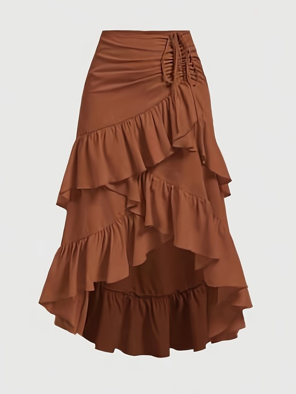 Tiered Ruffle Elegant Skirt for Women Elegant Asymmetrical Tiered Ruffle Skirt for Women, Casual Polyester Zipper Skirt with Drawstring, Woven Solid Color, All-Season Wear