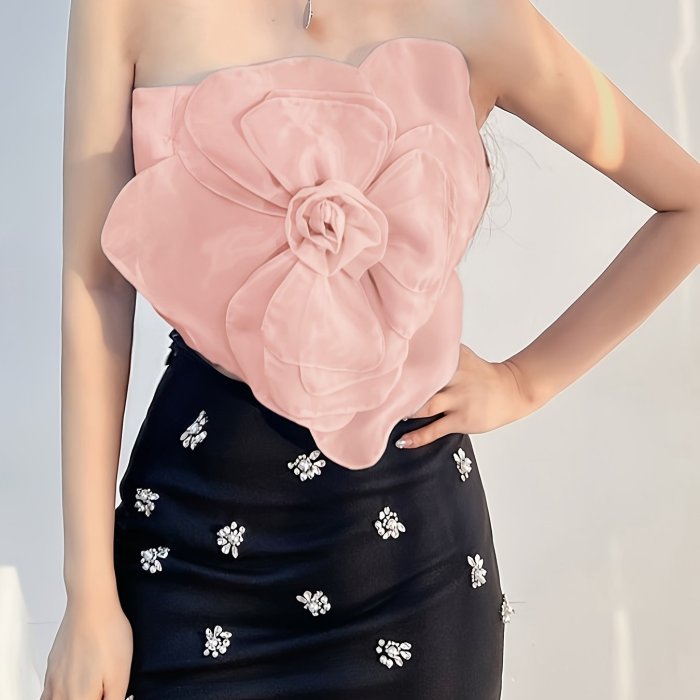Women's Elegant Pink Ruffled Strapless Top with Floral Embellishments - Stretchy Polyester Blend, Machine Washable, Perfect for Evening Outfits and Special Occasions