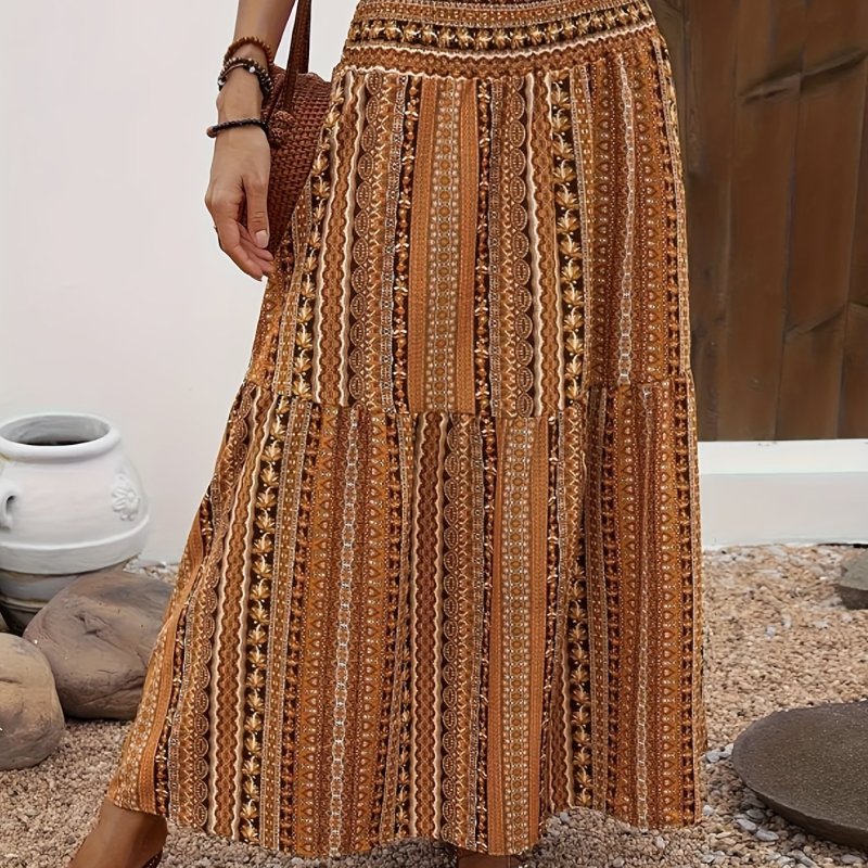 Women'S Bohemian Style Elastic Waist Maxi Skirt - Vibrant Brown and Beige Floral Print, Shirred Design for Summer Vacation Wear