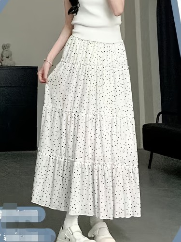 Women'S Polka Dot A-Line Midi Skirt - Elegant High Waist Design, Lightweight Spring\u002FSummer\u002FFall Fashion, White with Black Dots, Slimming Effect for Petite Sizes