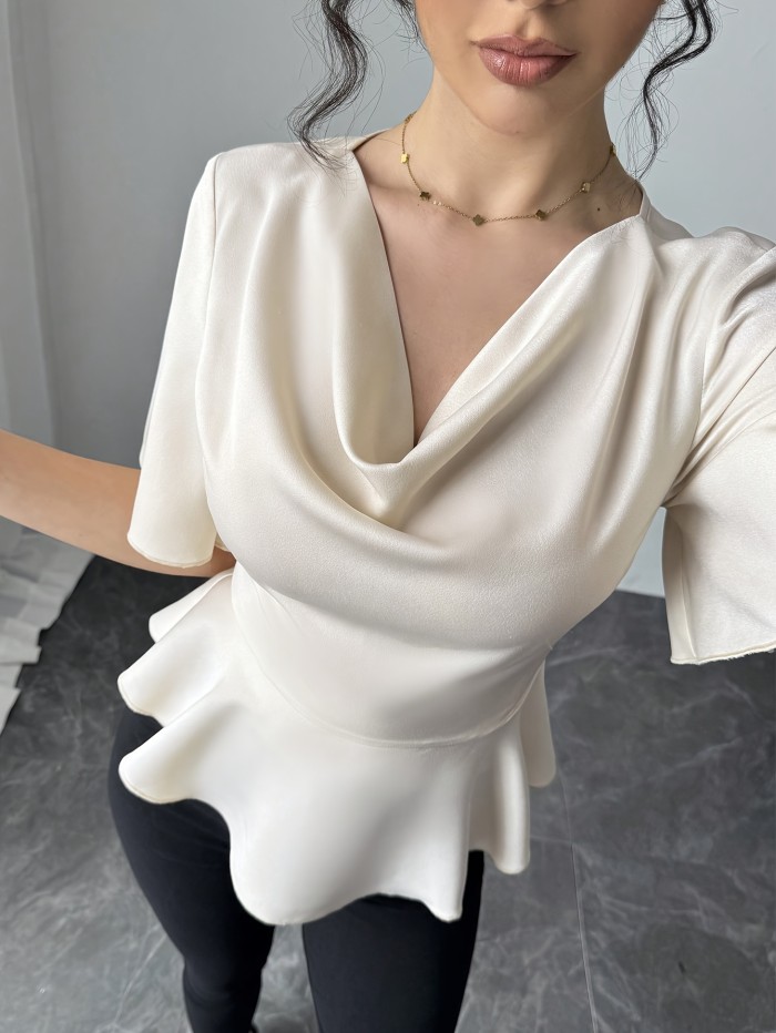 Women'S Elegant Ruffle Sleeve Blouse - Soft Polyester, V-Neck, Short Sleeve, Casual Wear for Spring and Summer, Casual Wear Blouse | Ruffle Sleeve Top | Polyester Fabric