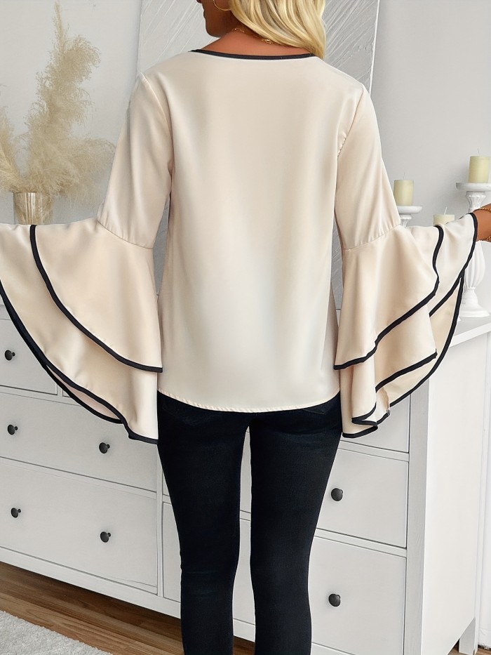Gentle Care Elegant Apricot Flared Sleeve Blouse with Black Contrast Trim - Crew Neck, Ruffle Detail, Non-Stretch Polyester - Versatile All-Season Wear for Women