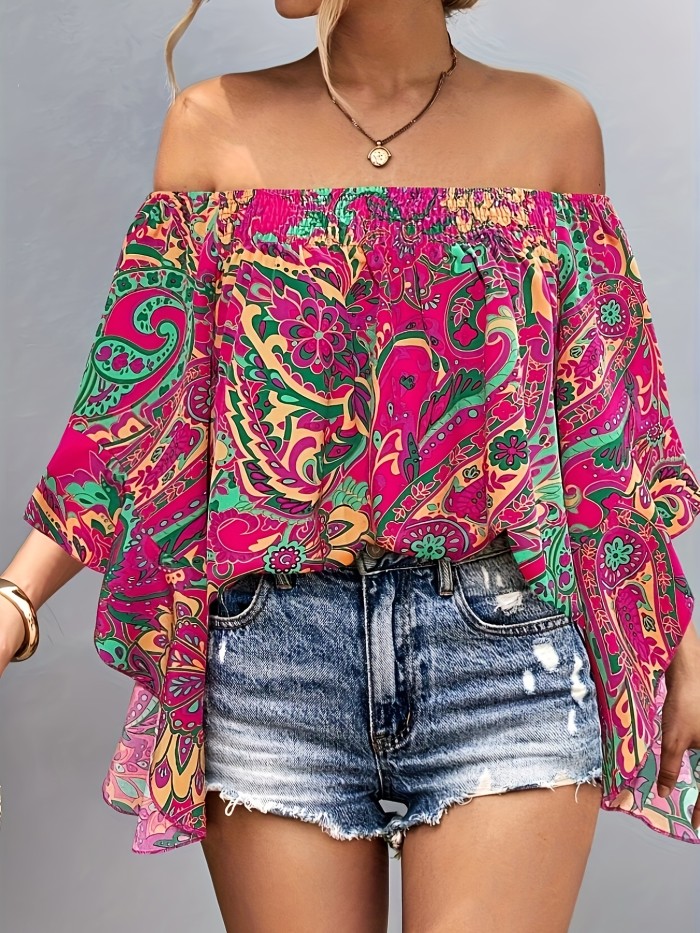 Vacation Style Off Shoulder Blouse - Paisley Print Shirred Trim Flare Sleeve For Spring & Fall - Women's Clothing