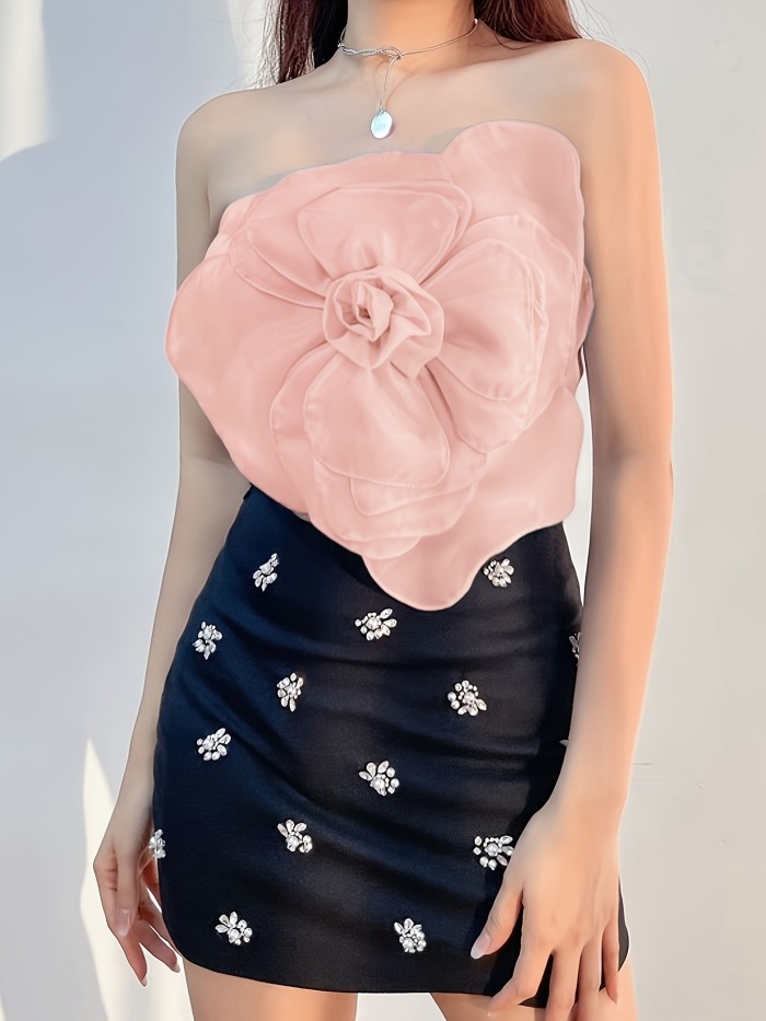 Women's Elegant Pink Ruffled Strapless Top with Floral Embellishments - Stretchy Polyester Blend, Machine Washable, Perfect for Evening Outfits and Special Occasions