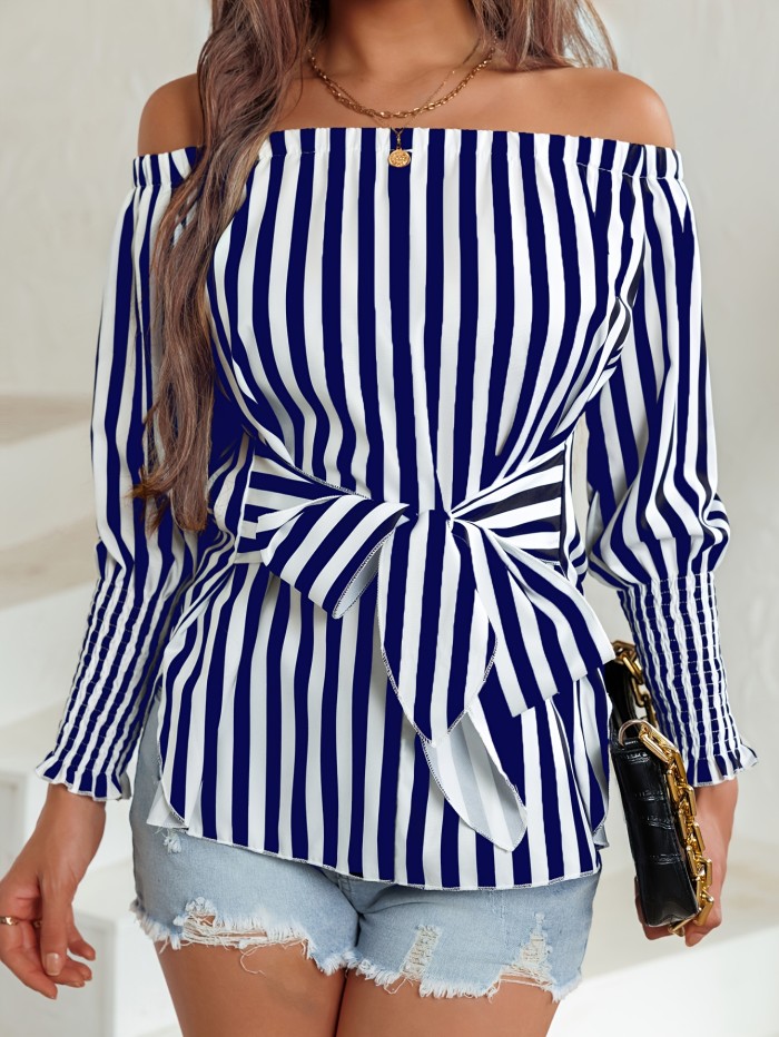 Elegant Off Shoulder Blouse - Striped Print Tie Front - Women's Clothing for Spring & Fall