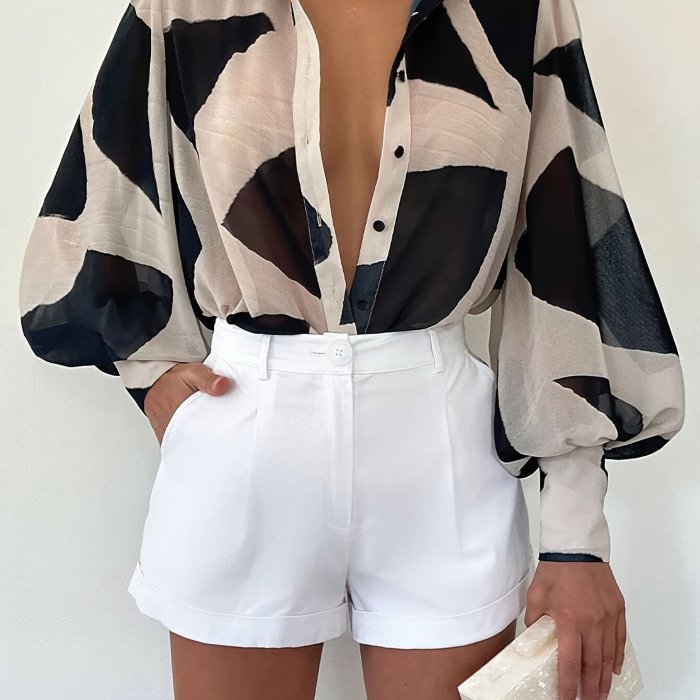 Elegant Color Block Button-Up Shirt for Women - Polyester, Non-Stretch, Woven Fabric - Perfect for Spring & Fall