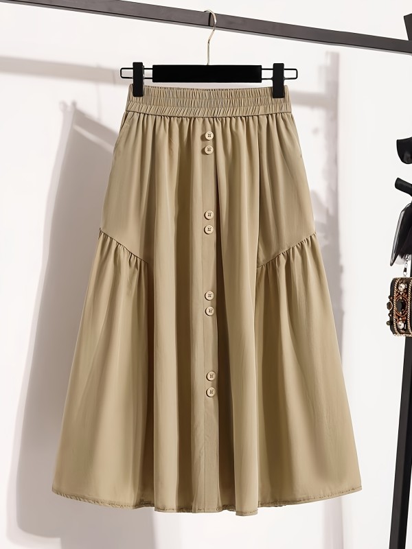 Women'S Elastic Waist A-Line Midi Skirt with Pockets - Beige, Casual Style, Loose Fit, Perfect for Spring\u002FSummer\u002FFall, Casual Attire|Aline Skirt|Elastic Waistband, Plus Size Skirt