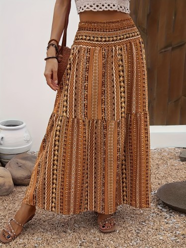 Women'S Bohemian Style Elastic Waist Maxi Skirt - Vibrant Brown and Beige Floral Print, Shirred Design for Summer Vacation Wear