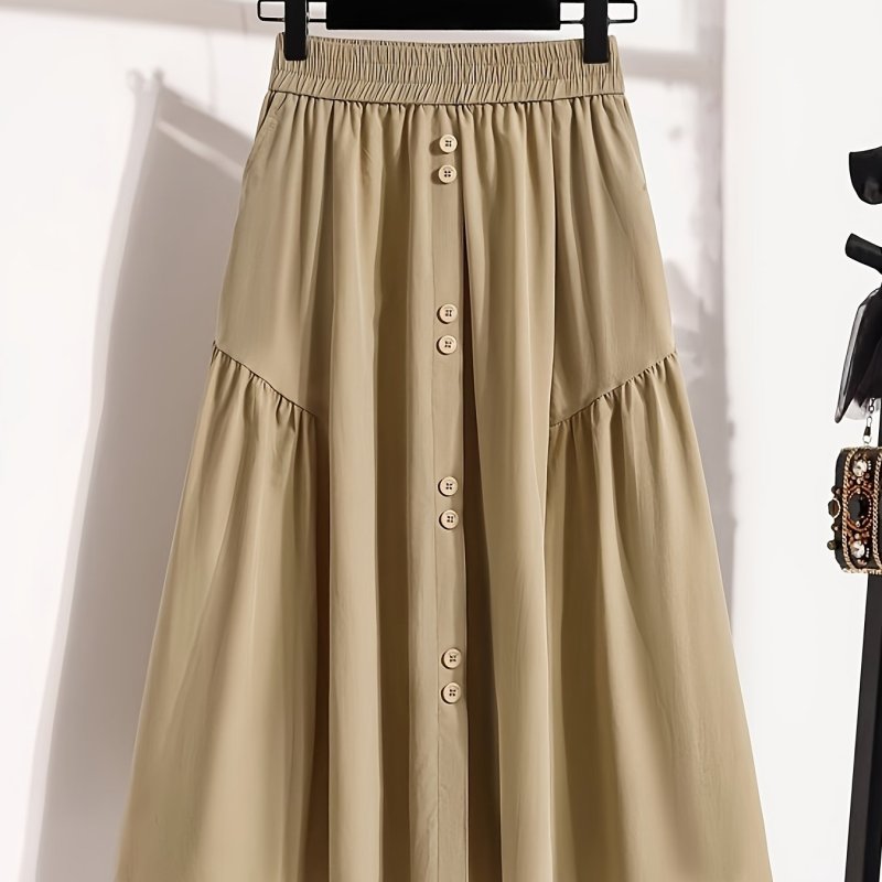 Women'S Elastic Waist A-Line Midi Skirt with Pockets - Beige, Casual Style, Loose Fit, Perfect for Spring\u002FSummer\u002FFall, Casual Attire|Aline Skirt|Elastic Waistband, Plus Size Skirt