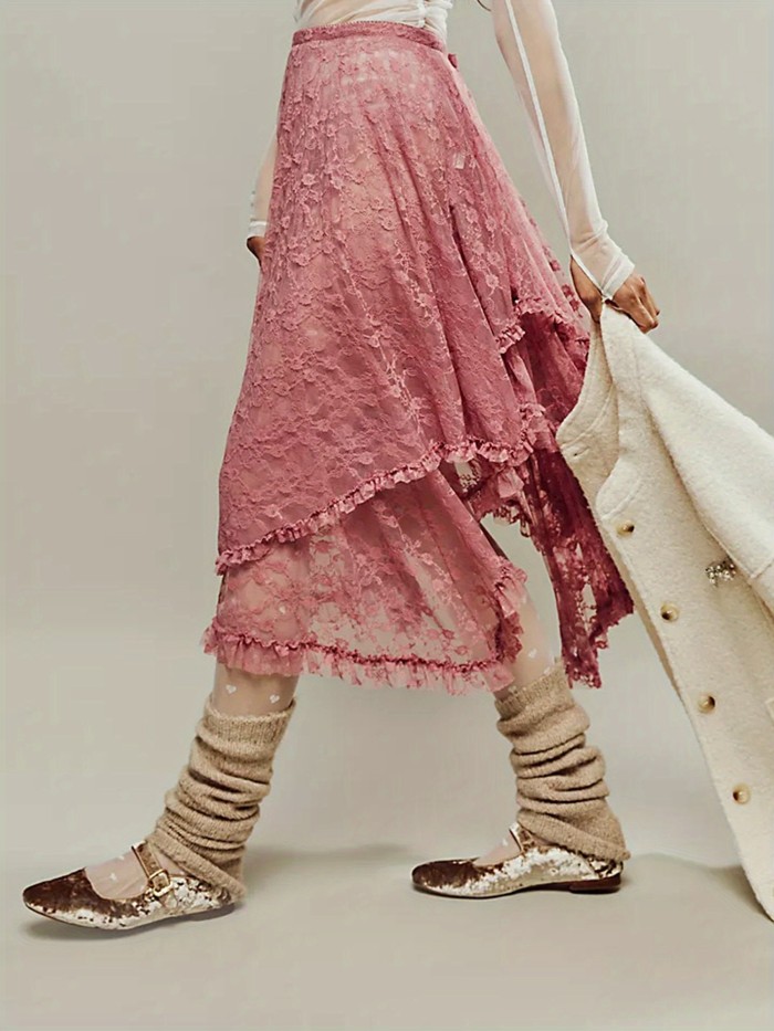 Women's Lace Midi Skirt with Elastic High Waist - Semi-Sheer Irregular Hem Lightweight Summer Casual Skirt, Machine Washable Young Fashion Style