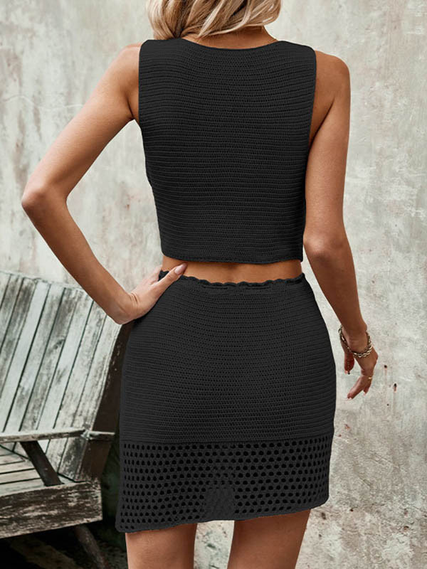 Sleeveless Buttoned Hollow Tied V-Neck Vest Top + Bodycon Skirts Bottom Two Pieces Set