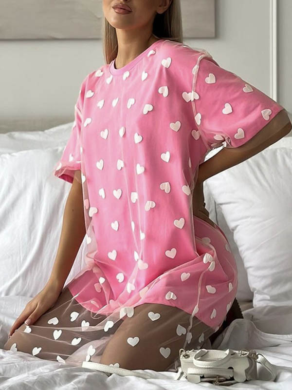 Loose Short Sleeves Heart Print Mesh See-Through Split-Joint Round-Neck Midi Dresses