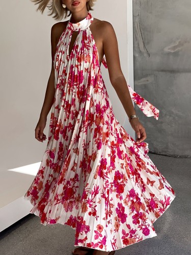 Red backless printed vacation dress