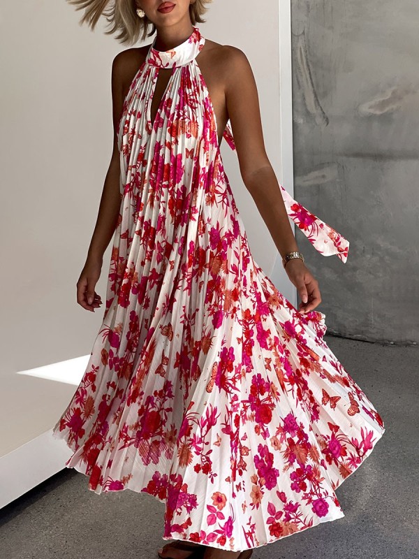 Red backless printed vacation dress