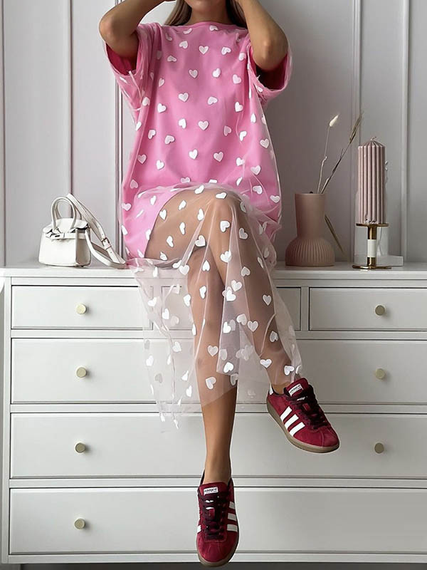 Loose Short Sleeves Heart Print Mesh See-Through Split-Joint Round-Neck Midi Dresses