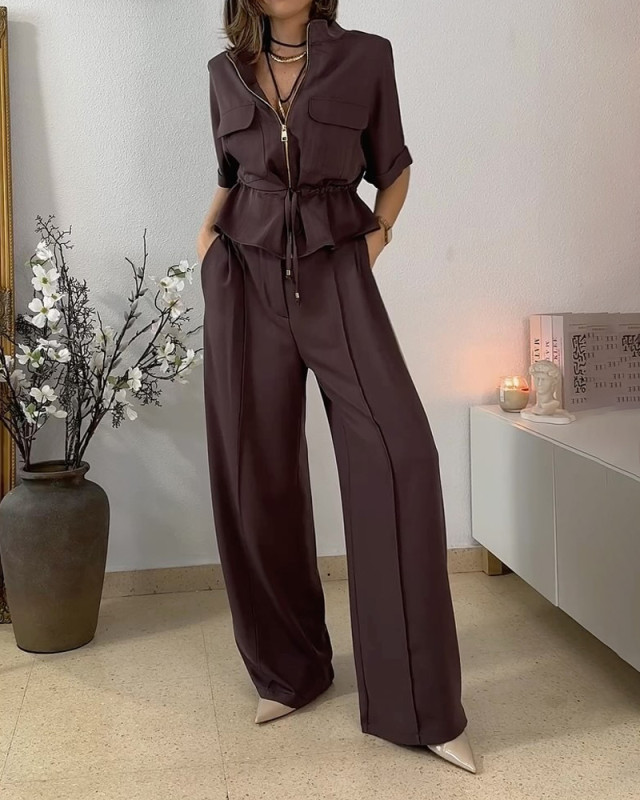 Casual Solid Zip Top & Pants Two-Piece Set