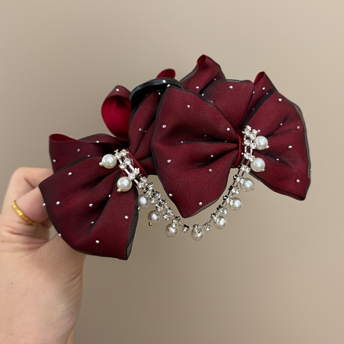 1pc Elegant Hair Claw Clip 1pc Elegant Mesh Bow Hair Claw Clip, Heart Rhinestone Embellished Velvet Hair Accessory, Large Plastic Hair Grip for Women, Suitable for Ages 14+, with Random Color Placement