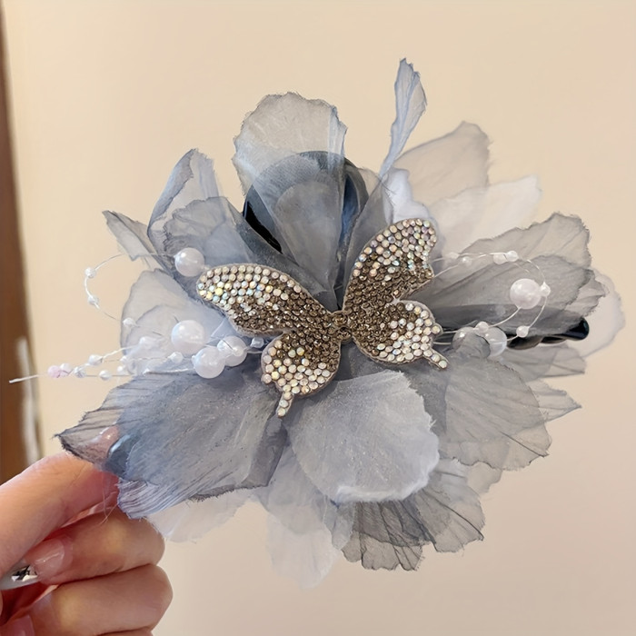1pc Elegant Floral Beaded Hair Clip with Butterfly Accents – Large Shark Clip for Stylish Updos, Perfect Valentine's Day Gift, Blue and Black Floral Design with Pearl and Crystal Embellishments, Romantic Gift | Crystal Accents | Fabric Flowers, Shark Hair Clip