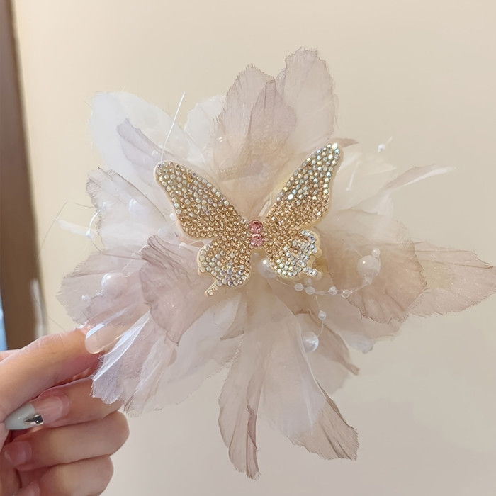 1pc Elegant Floral Beaded Hair Clip with Butterfly Accents – Large Shark Clip for Stylish Updos, Perfect Valentine's Day Gift, Blue and Black Floral Design with Pearl and Crystal Embellishments, Romantic Gift | Crystal Accents | Fabric Flowers, Shark Hair Clip