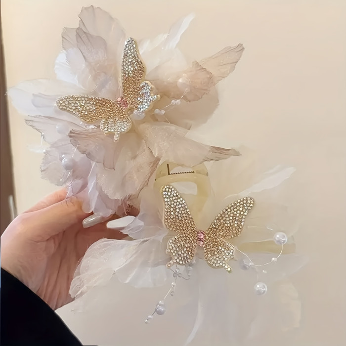 1pc Elegant Floral Beaded Hair Clip with Butterfly Accents – Large Shark Clip for Stylish Updos, Perfect Valentine's Day Gift, Blue and Black Floral Design with Pearl and Crystal Embellishments, Romantic Gift | Crystal Accents | Fabric Flowers, Shark Hair Clip