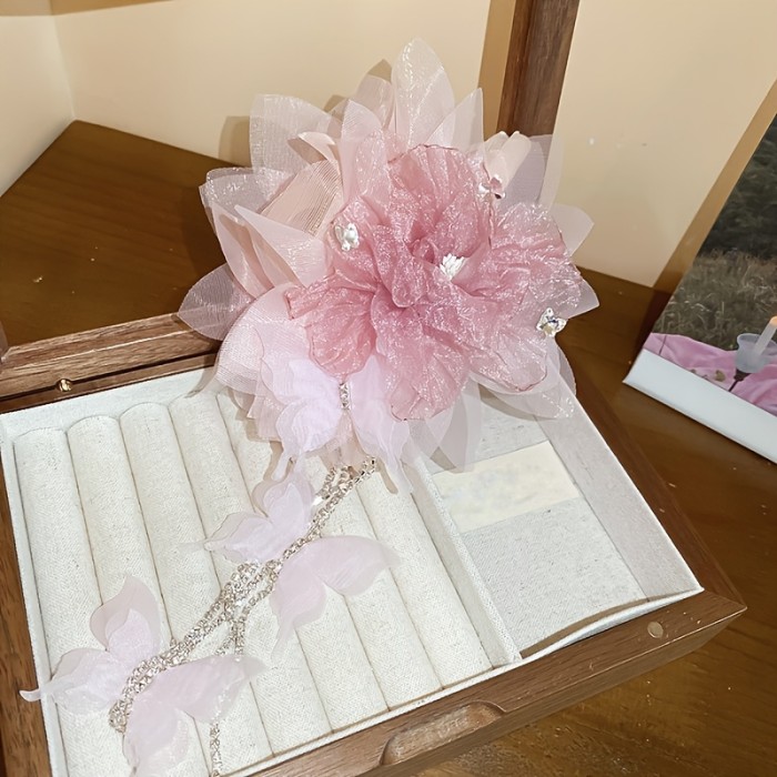 1pc Elegant Acrylic Flower Hair Claw with Rhinestone Butterfly Tassel, Sweet Style Mesh Hair Accessory, Single Piece, Middle Size, Color Matching Design