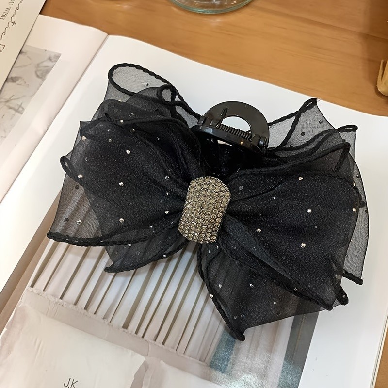 Elegant Rhinestone Mesh Bow Hair Claw - Large, Non-Slip Ponytail Holder for Women and Girls