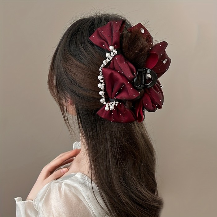 1pc Elegant Hair Claw Clip 1pc Elegant Mesh Bow Hair Claw Clip, Heart Rhinestone Embellished Velvet Hair Accessory, Large Plastic Hair Grip for Women, Suitable for Ages 14+, with Random Color Placement
