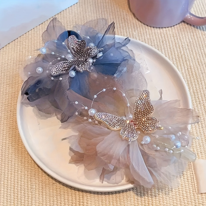 1pc Elegant Floral Beaded Hair Clip with Butterfly Accents – Large Shark Clip for Stylish Updos, Perfect Valentine's Day Gift, Blue and Black Floral Design with Pearl and Crystal Embellishments, Romantic Gift | Crystal Accents | Fabric Flowers, Shark Hair Clip