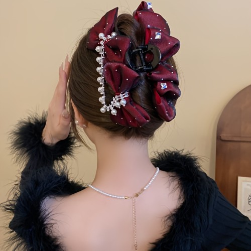 1pc Elegant Hair Claw Clip 1pc Elegant Mesh Bow Hair Claw Clip, Heart Rhinestone Embellished Velvet Hair Accessory, Large Plastic Hair Grip for Women, Suitable for Ages 14+, with Random Color Placement