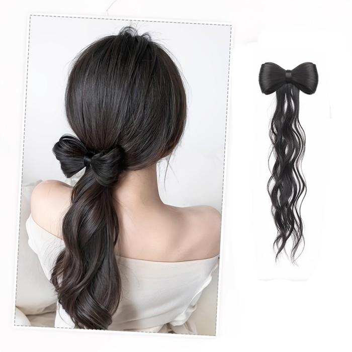 1pc Sweet Y2K Style Alloy Bow Tie Hair Clip, Solid Color Synthetic Hair Extension, Realistic Curly Ponytail Bun Hairpiece, Single Piece