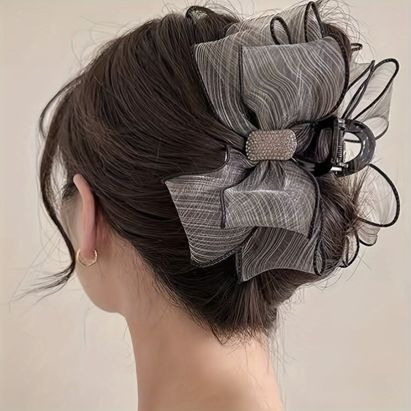 Elegant Rhinestone Mesh Bow Hair Claw - Large, Non-Slip Ponytail Holder for Women and Girls